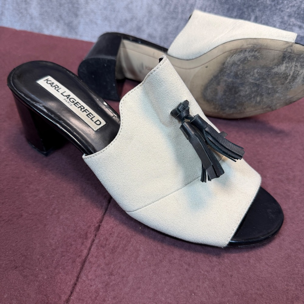 Karl Lagerfeld Womens Shoes 7.5M Mules Ivory Black Tassel Block Heel Sandals